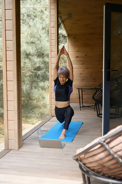 Female Does Yoga Front Laptop She Located Wooden Terrace — Stock Photo, Image