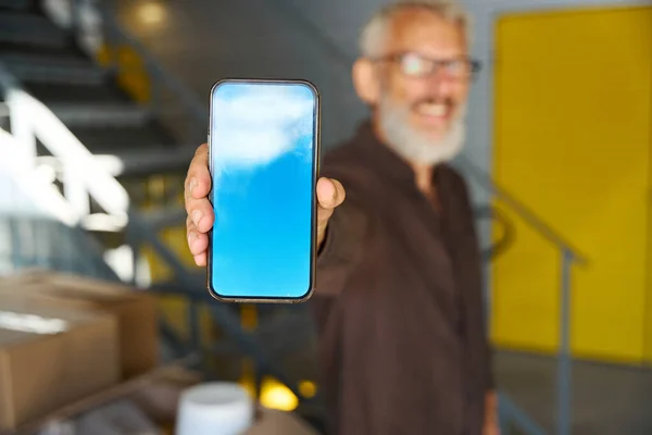 Male Glasses Mobile Phone Warehouse Modern Warehouse Space — Stock Photo, Image