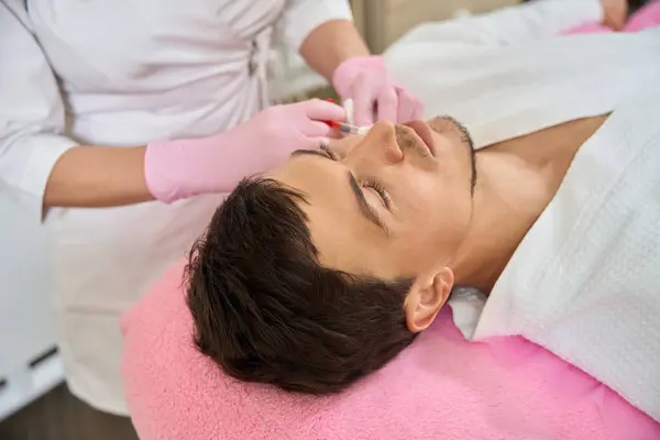 Young Male Receiving Beauty Injections Cosmetology Clinic Doctor Working Patients — Stock Photo, Image