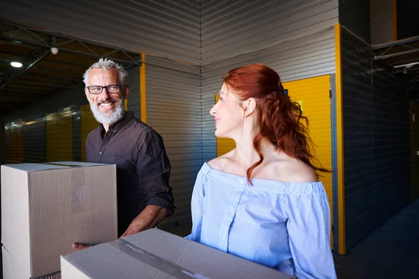 Gray Haired Middle Aged Man Storage Warehouse His Companion People — Stock Photo, Image