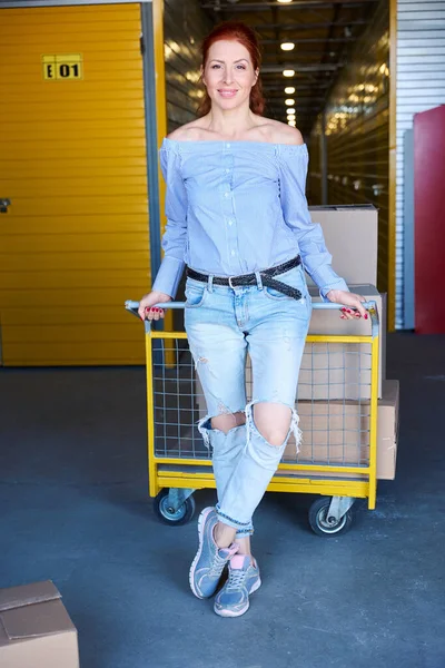 Woman Stands Cargo Cart Warehouse Lot Cardboard Boxes Cart — Stock Photo, Image