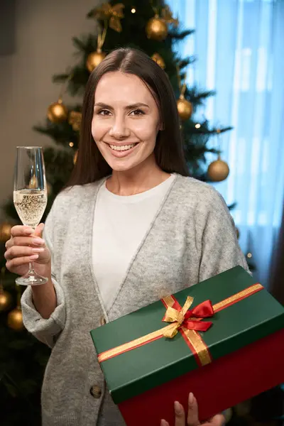 Beautiful Woman Toasting Glass Champagne Holding Wrapped Present Box New — Stock Photo, Image