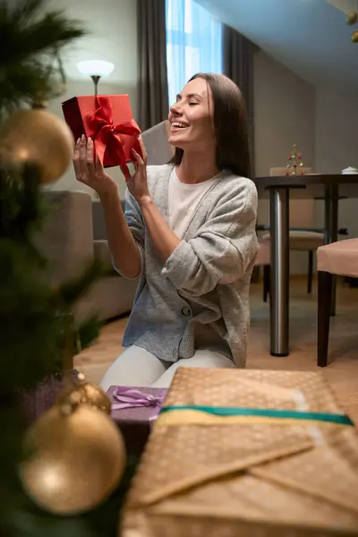 Smiling Beautiful Female Present Box Hand Sitting New Xmas Tree — Stock Photo, Image