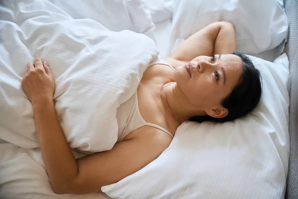 Dreamy Lady Wrapped Duvet Lying Pillow Bed Looking — Stock Photo, Image