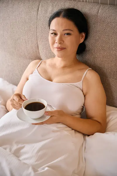 Pleased Lady Cup Coffee Saucer Hands Sitting Bed Awakening — Stock Photo, Image