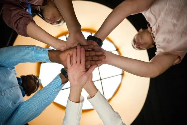 Bottom View Dedicated Hardworking Colleagues Folding Hands Together Symbol Friendly — Stock Photo, Image