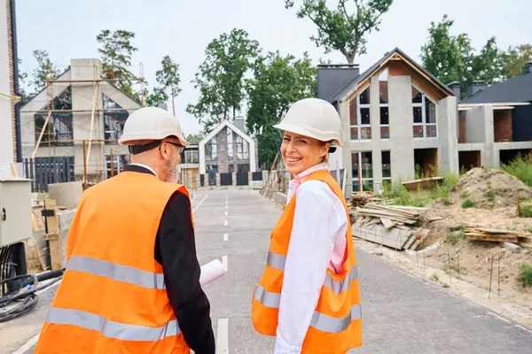 Cheerful Female Building Inspector Standing Road Foreman Drawings Hand Inspection — Stock Photo, Image