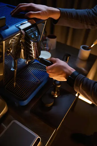 Unrecognizable Coffee Maker Portafilter Preparing Aromatic Drink Coffee Machine Cafe — Stock Photo, Image