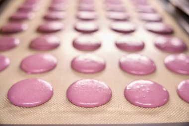 Silikon hasırın üzerindeki parlak pembe makarna kabukları fırın tepsisinde.