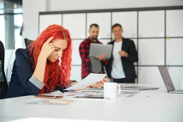Serious Thoughtful Woman Boss Trying Understand Sense Important Papers While — Stock Photo, Image