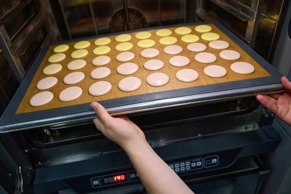 Closeup of female hands putting sheet pan with macaron shells into combi-steam oven