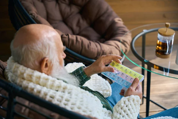 Pensioner Wrapped Fluffy Blanket Veranda Holding Pill Box His Hands — Stock Photo, Image