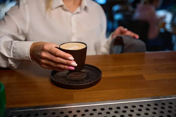 Waitress Holds Cup Coffee Her Hands Woman Has Neat Manicure — Stock Photo, Image