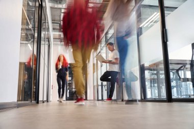 Ofis binasında dizüstü bilgisayarda çalışan genç bir adam modern iş dünyasıyla iş görüşmesinden önce bazı detayları tamamlıyor.