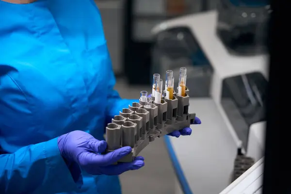 Specialist Test Tubes Biomaterial Analysis His Hands Man Uses Protective — Stock Photo, Image
