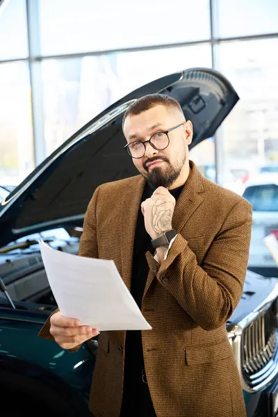 Man reads a document about purchasing a new car against the background of a new car