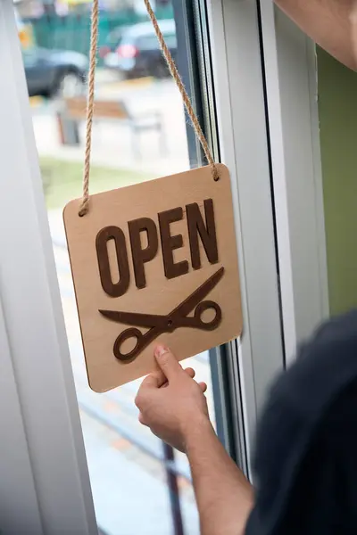 Sign Open Inscription Glass Door Barbershop Entrance — Stock Photo, Image