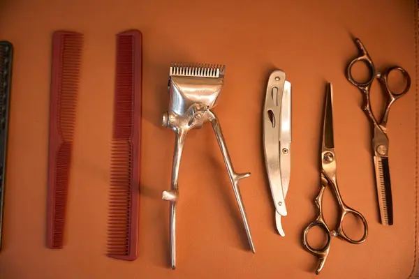 Various Barbers Tools Isolated Brown Background — Stock Photo, Image