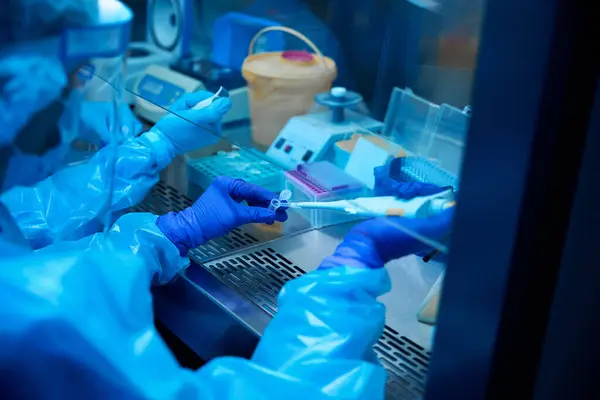 Pracownicy Laboratoriów Używają Pracy Gadżetów Laboratoryjnych Osób Noszących Rękawice Ochronne — Zdjęcie stockowe