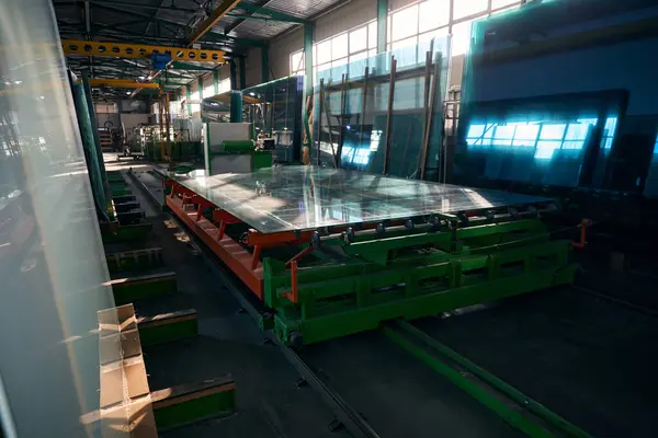 Platform Working Large Sheets Glass Window Manufacturing Workshop — Stock Photo, Image