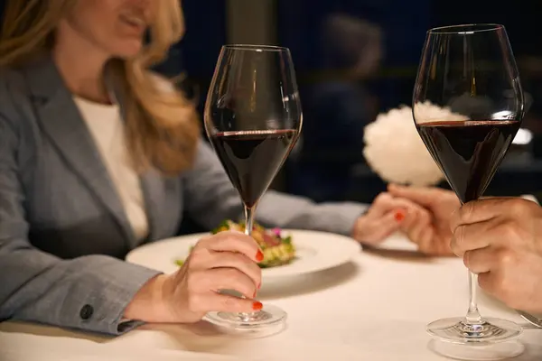Couple Dinner Tenderly Holds Hands Light Dinner Wine Table — Stock Photo, Image