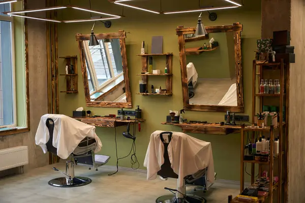 Pusty Salon Fryzjerski Miejsce Pracy Stylowy Salon Fryzjerski Wnętrze — Zdjęcie stockowe