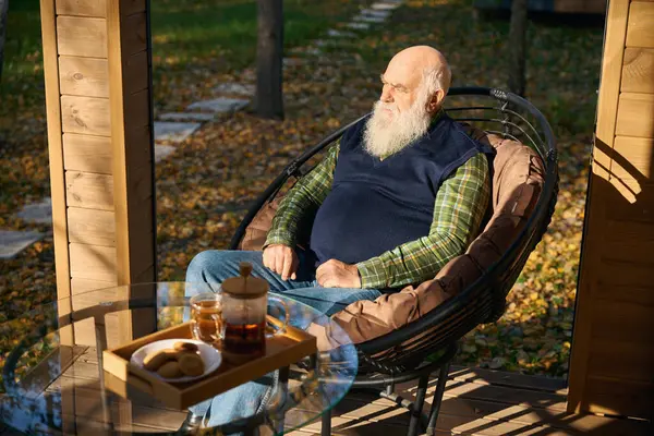 Bearded Old Man Having Tea Veranda Sitting Comfortable Chair — Stock Photo, Image