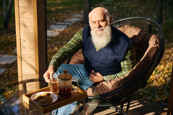 Gray Bearded Old Man Having Tea Veranda Sitting Comfortable Chair — Stock Photo, Image