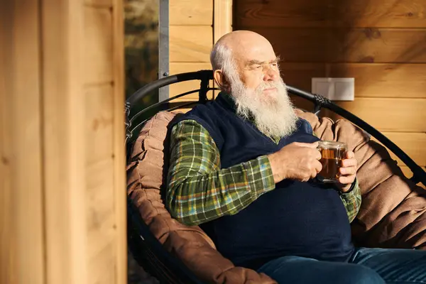 Bearded Old Man Located Veranda Cup Tea Sitting Comfortable Chair — Stock Photo, Image