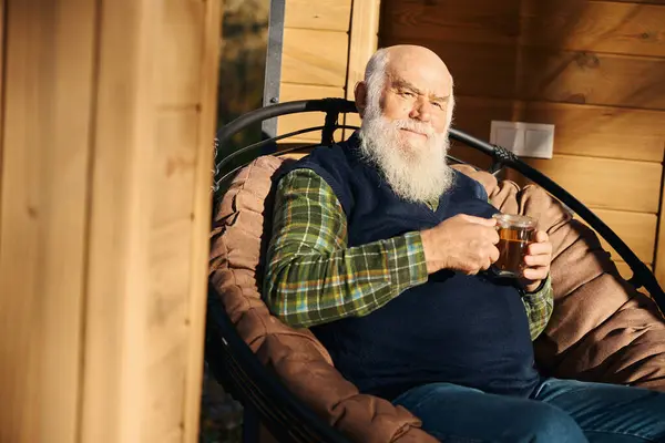 Gray Haired Old Man Sitting Veranda Cup Tea Sitting Comfortable — Stock Photo, Image