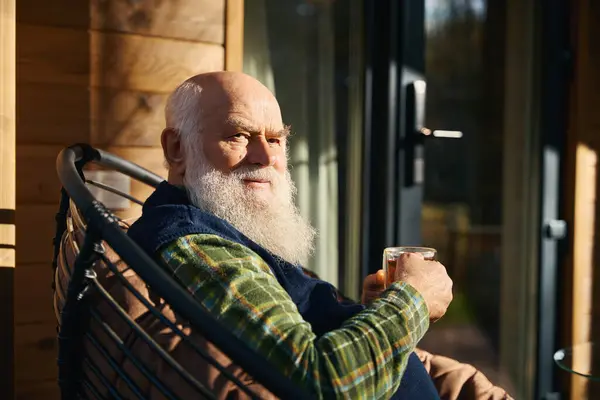 Elderly Gray Haired Man Sitting Veranda Cup Tea Sitting Comfortable — Stock Photo, Image