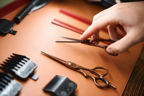 Unrecognizable Hair Professional Wielding Barbers Scissors Barbershop Table — Stock Photo, Image