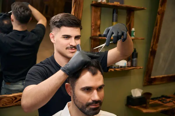 Man Hairdresser Making Stylish Hairdo Providing Professional Service Client Ion — Stock Photo, Image