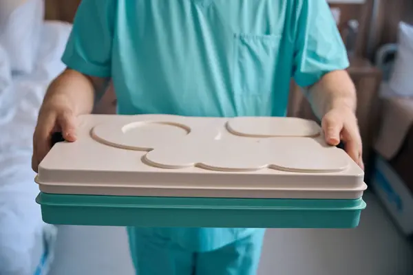 Cropped Photo Male Nurse Holding Covered Food Tray Hands While — Stock Photo, Image