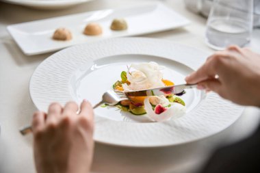 Lüks restoranda aperatif salata yiyen bir kadın, yakın çekim. Gurme hazırlığı, servis kavramı