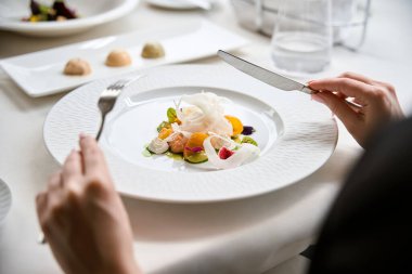 Lüks bir restoranda oturan iştah açıcı salata yiyen bir kadın. Gurme yemek konsepti