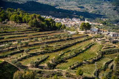 İspanya 'nın Alicante eyaletindeki Guadalest Kalesi' nde farklı seviyelerde tarlalar. Turizm, manzara, mimari konsepti