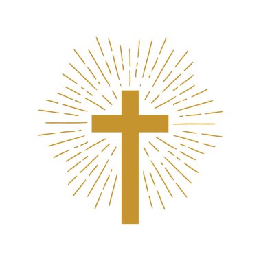 Beyaz arkaplanda izole edilmiş Hristiyan çapraz işareti hipster güneş patlaması çemberi antika tasarımı.