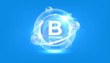 B vitamini mavi ve saydam kubbe. Vitamin kompleksi kolajeni. Güzellik tedavisi, beslenme, cilt bakımı. Tıbbi ve bilimsel kavramlar. vektör