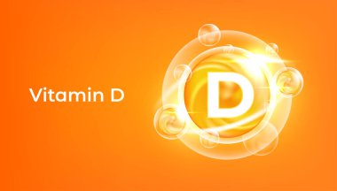 D vitamini altın vektör tedavisi. Vitamin altın yağı hapı ikonu. Güzellik tedavisi, beslenme, cilt bakımı. Turuncu ilaç kapsülü.