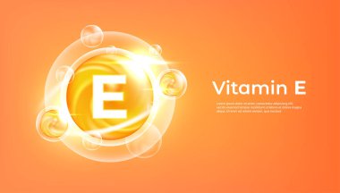 E vitamini altın vektör tedavisi. Vitamin damlası hap kapsülü. Parlak altın özlü damlacık. Güzellik tedavisi, beslenme, cilt bakımı. vektör