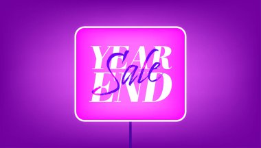 Mor ışık kutusunda yıl sonu tipografisi. Yıl sonu özel teklif indirimi afiş şablonu.