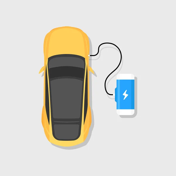 黄色电动车在充电器站充电 在白色背景下充电的电动车的俯视图 — 图库矢量图片