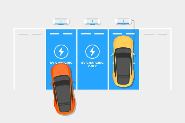 Σταθμοί Φορτιστή Πάρκινγκ Ηλεκτρικά Αυτοκίνητα Που Φορτίζουν Άδειο Χώρο Στάθμευσης — Διανυσματικό Αρχείο