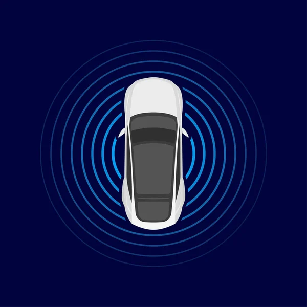 自動運転車のトップビュー レーダーセンシングシステムを搭載した自動運転車 道路上の無人運転車 ベクトル — ストックベクタ