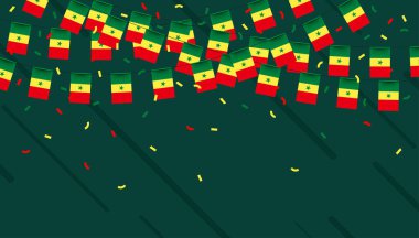 Senegal kutlamaları, yeşil arka planda konfeti ve kurdelelerle bayrak sallıyor. vektör illüstrasyonu.