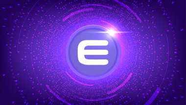 Enjin Coin (ENJ) para şifreli döviz temalı pankart. Modern mor arkaplan üzerindeki ENJ simgesi.