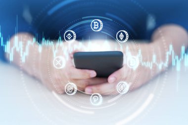 Hand using smart phone with Cryptocurrency coin symbol. Cryptocurrency and future technology concept.