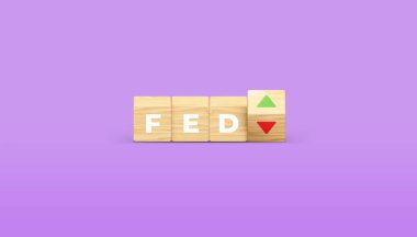 FED wooden cube block with up down arrow for interest rate increase and decrease concept. 3D illustration.