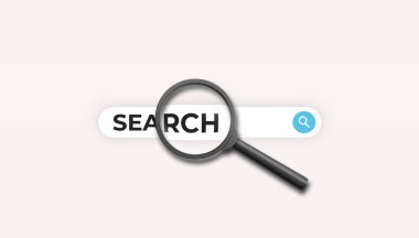 Magnifying glass with search bar on white background. 3D illustration.